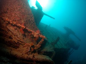 The stern of the Thistlegorm, the most impressive wreck of the Red Sea.