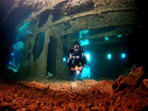Scuba diving inside the SS Thistlegorm - Captain's cabin