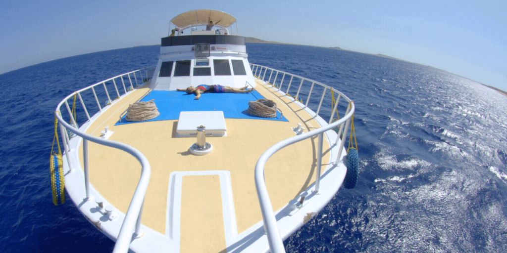 View from the deck of a dive boat on the serene waters of the Red Sea, ready for winter diving adventures in Sharm El Sheikh.